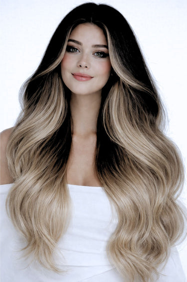 Lifestyle shot of a model with Black & Silver Blonde clip-in extensions – Rubin Extensions®