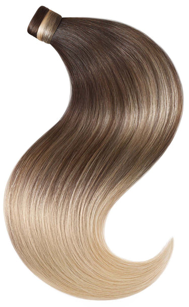 Clip-in ponytail extensions in Chocolate Dark Brown & Honey Blonde, full view, 100% human hair – Rubin Extensions®
