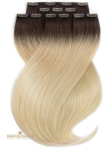 Sombré Beige Diamond Line clip-in extensions, full view, 30–50 cm, premium human hair – Rubin Extensions®