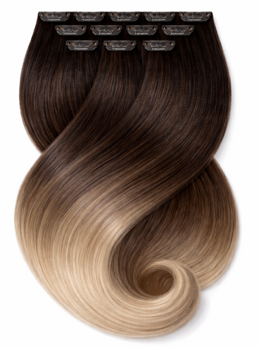 Sombré balayage clip-in extensions in Chocolate Dark Brown & Honey Blonde, 45–50 cm – Rubin Extensions®