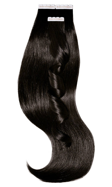 Black-Brown Premium Line tape-in extensions, 50 g human hair strands, full view – Rubin Extensions®