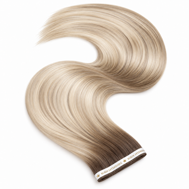 Genius Wefts Tape-in Echthaar Extensions in Hazelnut-Brown & Sommer-Blonde – geschwungene Haartresse, Premium Line – Rubin Extensions®