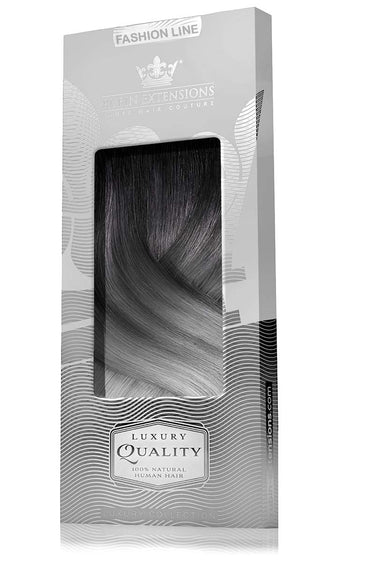 Packaging for Fashion Line clip-in extensions in Black & Silver Blonde – Rubin Extensions®