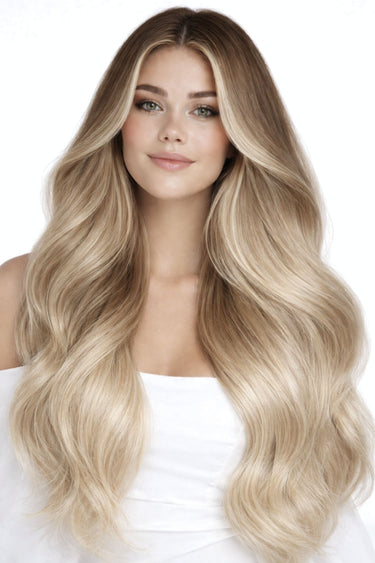 Model in sunlight with Natural Golden Brown & Light Blonde clip-ins, 100% human hair – Rubin Extensions®