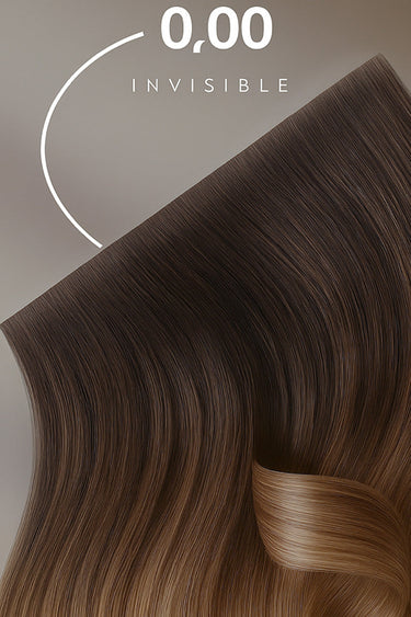 Detail of hanging strands, Light Blonde invisible tape-in extensions – Rubin Extensions®