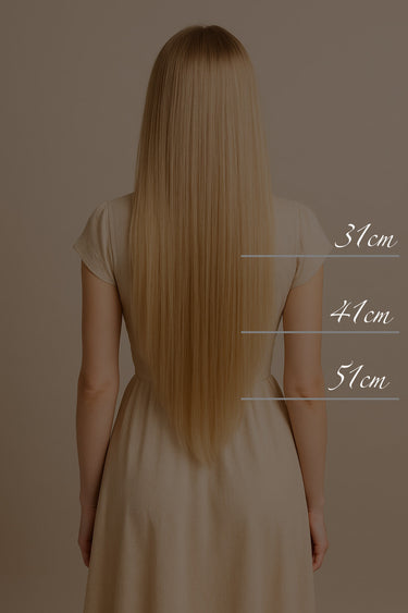 Back view of model with length markers, Platinum Blonde tape-in extensions, 41–51 cm – Rubin Extensions®