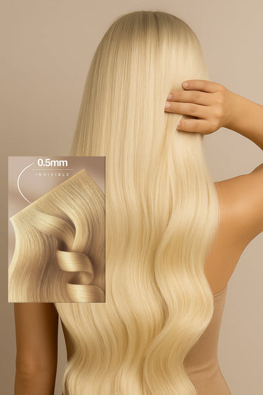 Woman with long, glossy Light Brown Caramel hair from clip-in human hair extensions – Rubin Extensions®