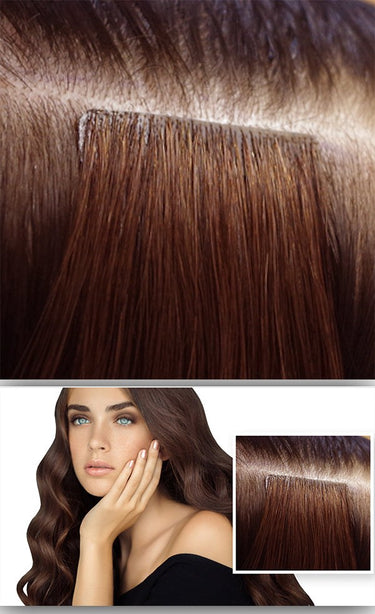Model in an everyday look with Chocolate Dark Brown tape-in extensions – Rubin Extensions®