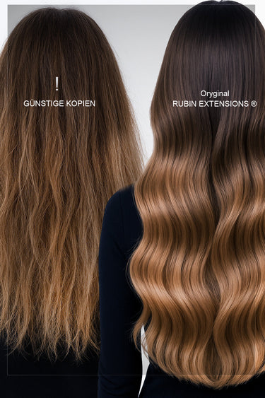 Original vs. copy packaging, Light Brown Caramel clip-in extensions – Rubin Extensions®