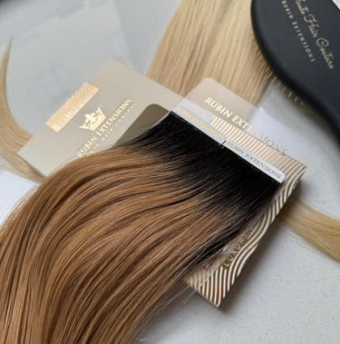 Application graphic for Light Blonde Premium tape-in extensions with product details – Rubin Extensions®