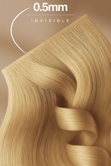 Close-up of Golden Blonde tape-in human hair strands, root detail – Rubin Extensions®